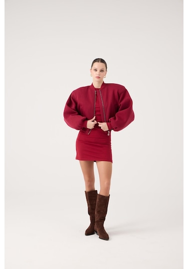Holly Lolly Crop Kesim Vatkalı Parker Bomber Ceket Bordo
