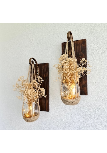 Duvar Dekoru, Led Işıklı, Beyaz Cipso Çiçekli Aplik, Ceviz Ikili