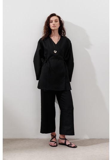 Keten Kruvaze Kapama Kimono Siyah Siyah