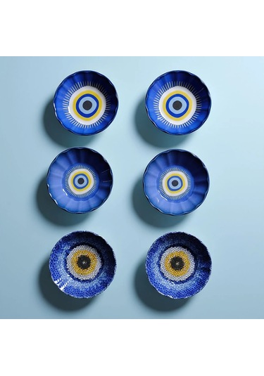 Fecra Acem 6'lı Nazarı Çay Tabağı Seti Karma Mavi