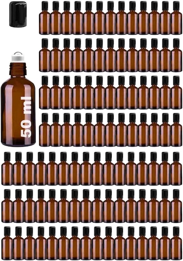 Çelik Roll On Şişesi 50 ML Sızdırmaz Siyah Kapaklı Amber Cam Şişe 100 Adet