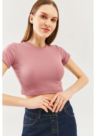 Kadın Kısa Kol Bisiklet Yaka Vücuda Oturan %100 Pamuklu Kaşkorse Esnek Crop Bluz Gül Kurusu