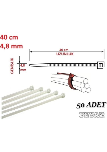 50 Adet 40cmx4,8mm Beyaz Plastik Cırt Kelepçe Kablo Bağı
