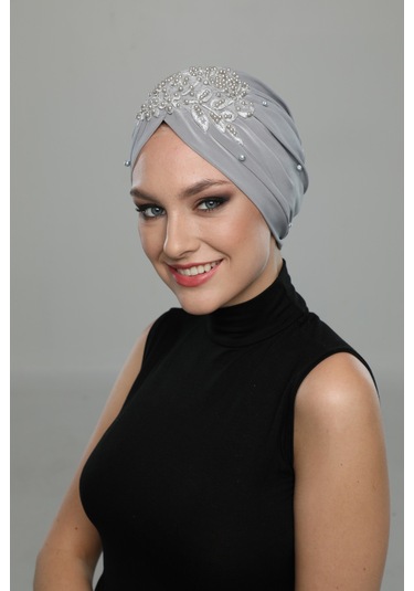 Kopma Astarlı İşlemeli Açık Gri Gül Motifli Hazır Türban Tesettür Abiye Bone Açık Gri