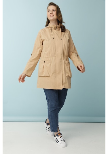 Rivetli Çıkarılan Kapüşonlu Plus Trençkot - Bej