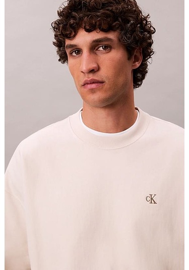 Erkek Rahat Kalıp Bisiklet Yaka Sweatshirt - Ekru Chalk