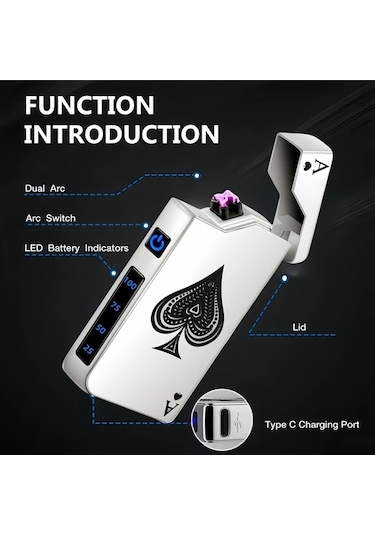 Techbloom Golden Frosted Rüzgar Geçirmez Çift Ark Çakmak Usb C Şarjlı Çakmak Maça Ası Tasarımı Kamp Hediye Altın