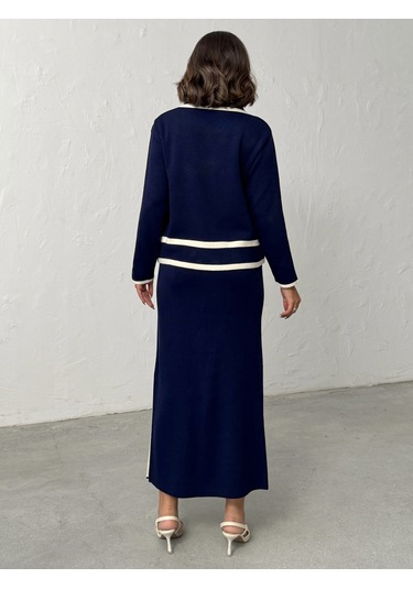 Kadın Inci Düğmeli Etekli Triko Takım Lacivert