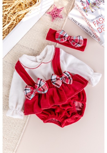 Fiyonklu Bandanalı Kadife Kız Bebek Tulum Salopet Bebek Elbise Kırmızı