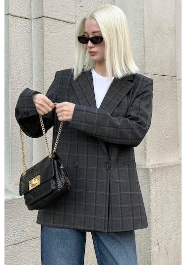 Antrasit Kareli Kadın Blazer Ceket Mg2624 Antrasit