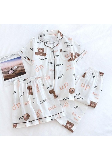 Pamuklu Pijama Kadın 3 Adet Set Baskılı Moda Saf Pamuk Çift Katmanlı Gazlı Bez Şort/uzun Pantolon Pijama Beyaz