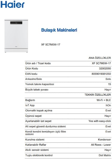 Haier XF 5C7M0W-17 8 Programlı 15 Kişilik Wi-Fi + Bluetooth Bağlantılı Bulaşık Makinesi