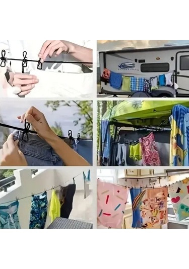 Zmc Bilişim Taşınabilir Seyahat Çamaşır İpi 12 Mandallı Klipsli Lastikli Çamaşır Mandalları Çok Renkli