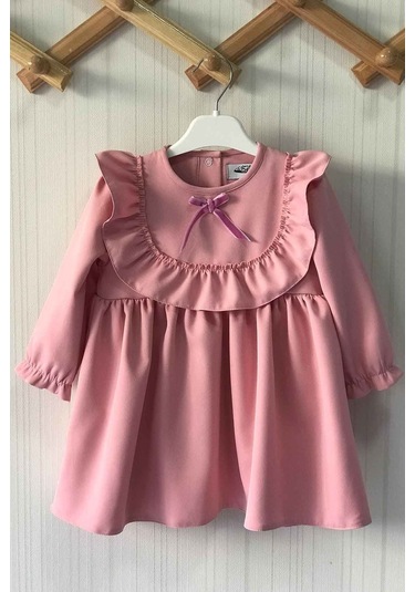 Fırfır Ve Kurdele Detaylı Tasarım Krep Pudra Pembe Kız Çocuk Bebek Elbise 001