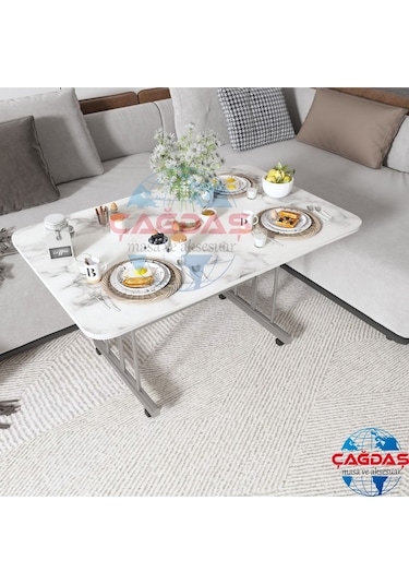 Teknor Tekerlekli Masa Orta Sehpa 70x110 Cm Metal Ayak Beyaz