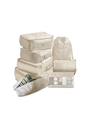 Dianziye Seyahat Organizer Seti 8 Parça: Kıyafet Ve Makyaj Çantası - Bej Renkli Ev Ve Seyahat İçin Klasörleme Çanta Takımı