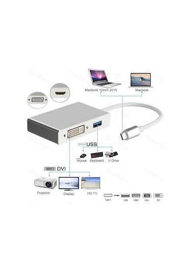 Type C To Hdmı Vga Dvı Usb 3.0 4498P Çevirici Adaptör Apple Uyumlu MacBook Hub