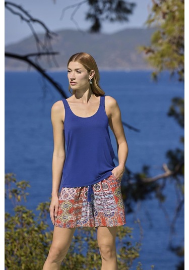 Monamise Kadın Etnik Desenli Oyuk Yaka Askılı Alt Üst Takım 25030 Saks