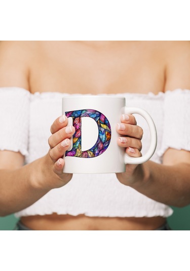 D Harfi Bardak 330 Ml İsme/harfe Özel Hediye, Renkli Harf Tasarım Beyaz