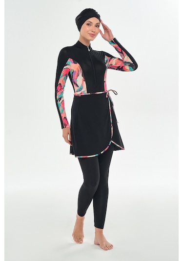 3 Farklı Şekilde Giyilebilir Likralı Etekli Tesettür Mayo Dora 2111 Siyah Siyah