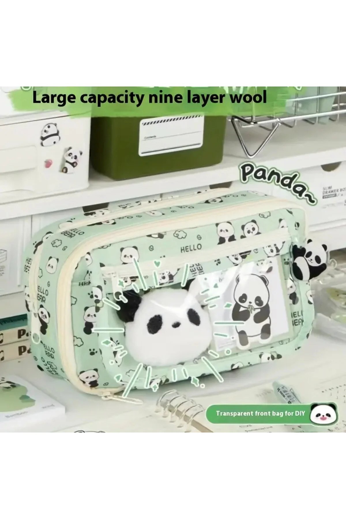 2025 Yeni - Panda Kalem Kutusu Peluş Bir Broş+ Bebek+5 Det Stickers+2 Klip Yeşil