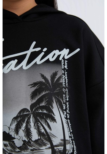 DeFacto Kız Çocuk 2'li Takım Kapüşonlu Baskılı Sweatshirt Beli Lastikli Jogger Alt D2219A824WNBK81 Siyah