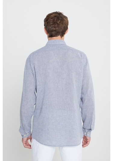 Erkek Grı Comfort Fit Rahat Kesim Düğmeli Yaka Keten Gömlek Gri