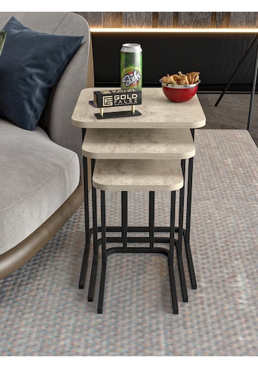 Zigon Sehpa Metal Ayak 3'lü Koltuk Yan Sehpa Zino Traverten Çok Renkli