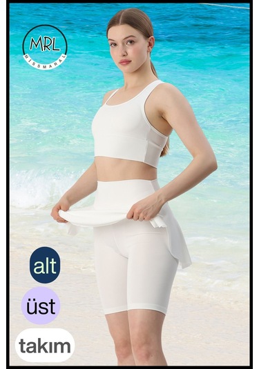 Kadın Mayo Takım Yüksek Bel Biker Etekli Şort Ve Pedli Crop Likralı Çabuk Kuruyan Kumaş Plaj Giyim Ekru