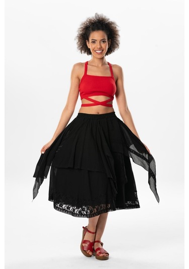 Salkım Vual Dantelli Saçaklı Uzun Yazlık Otantik Etek Siyah Syh-siyah Siyah