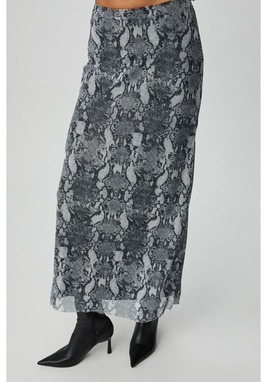 GRIMELANGE Beulah Kadın Maxi Boy Slim Fit Beli Lastikli Tül Batik Desenli Yılan Desenli Etek Yılan Desenli Çok Renkli