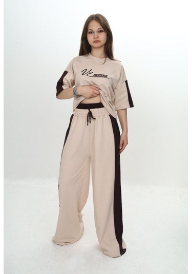 Kız Çocuk %100 Pamuk London Baskılı Oversize Garnili Truvakal Kollu Eşofman Takımı-293-eşt-0010 Bej