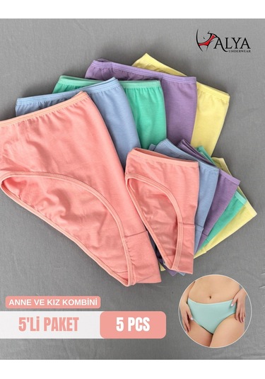 Alya Underwear Anne Kız Kombin Pamuklu Külot - Beyaz Slip İç Çamaşırı - 5'li Paket Çok Renkli-p15