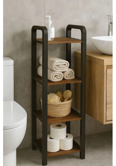 Mega Ahşap 4 Bölmeli 30 Cm Banyo Düzenleyici Masif Ahşap Banyo Raf Ünitesi Ceviz Ceviz