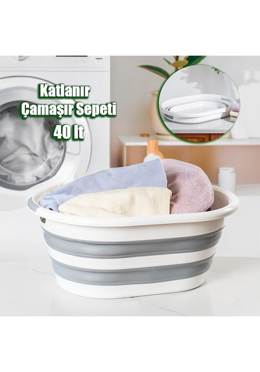 Porsima La-550 40lt Katlanabilir Silikon Çamaşır Sepeti Akordi... Beyaz - Gri