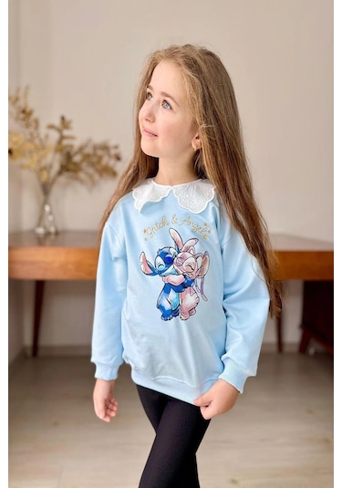 Yaka Detaylı Stitch Desenli Mavi Renk Kız Çocuk Takım Mavi