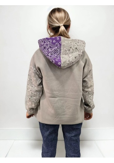 Kadın Baskılı Kapüşonlu Sweatshirt - Gri Çok Renkli
