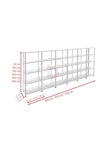 Rafburada 5 Katlı 6'lı Galvaniz Çelik Raf - Depo, Arşiv, Kiler, Dosya, Market Rafı-43x75 cm-250 cm-1.00 mm