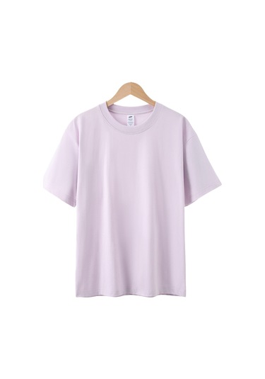 Saf Pamuk Bol Günlük Düz Renk Yuvarlak Yaka Kısa Kollu Açık Mor