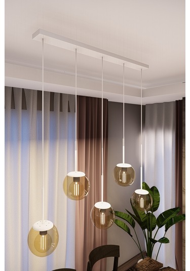 Dora Beyaz Metal Gövdeli 5'li Bal Rengi Cam Avize