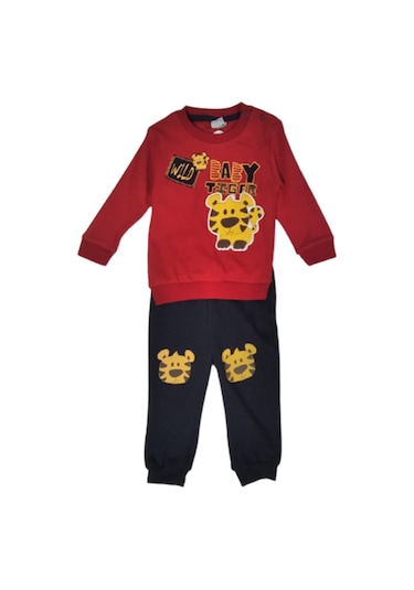 Erkek Bebek Alt Üst Takım Kırmızı Kaplan Kafası Figürlü Pamuklu95 Kırmızı