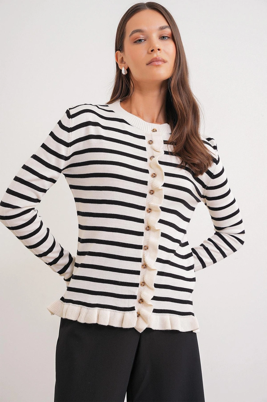 6965 Kadın Fırfır Detaylı Çizgili Triko Hırka Naturel Naturel