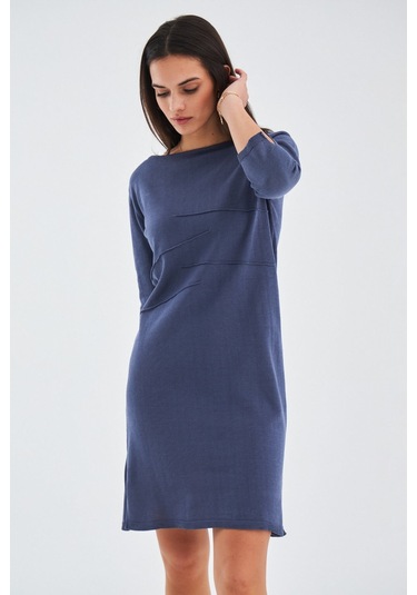 Peraluna Kayık Yaka Sade Yazlık Kadın Triko Elbise Gri- Mavi