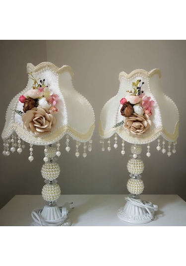 2 Adet Çiçek Dekorlu Abajur Özel Tasarım Dekoratif Beyaz