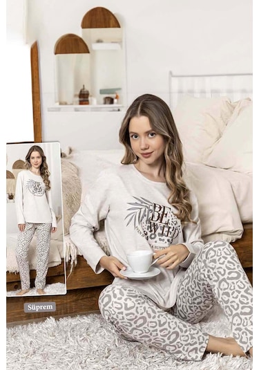 Kadın Leopar Desen Suprem Pijama Takımı 0325 Leo1 Bej Bej