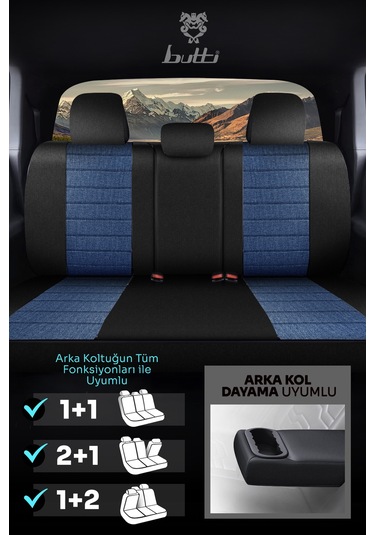 Mavi - Siyah Butti Lino Serisi Keten Kumaş Premium Oto Koltuk Kılıfı Ortopedik Destekli, Ön Arka Tam Set