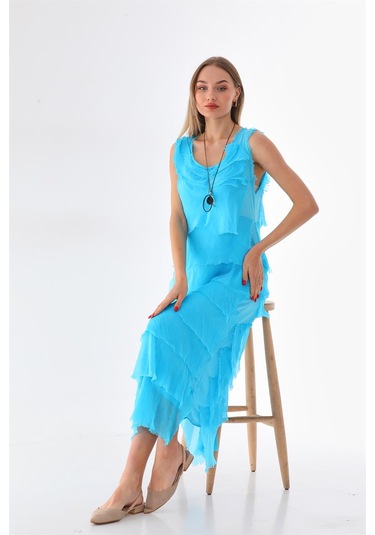 Italyan 2 Beden İnce Gösteren Kat Kat Kolsuz Ipek Elbise Turkuaz