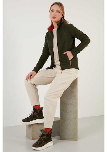Lela Slim Fit Anti-Pilling Tüylenme Yapmayan Fermuarlı Cepli  Hırka Bayan Polar 5907002 Haki