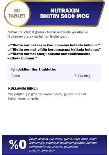Nutraxin Biotin 5000 Mcg 30 Tablet Saç ve Tırnak Vitamini