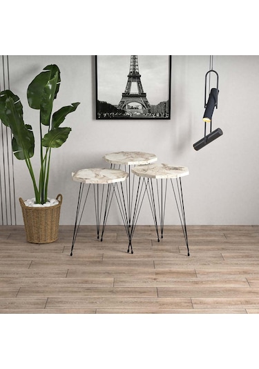 Egemodüler Çokgen Beyaz Mermer Desenli Siyah Metal Ayaklı Sehpa 3'lü